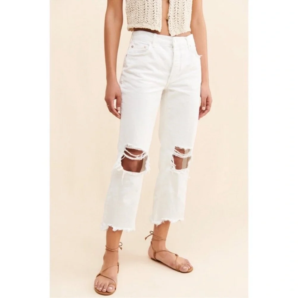 We The Free Maggie Mid Rise Straight Jean  in Optic White Denim Distressed 30 - Picture 4 of 14